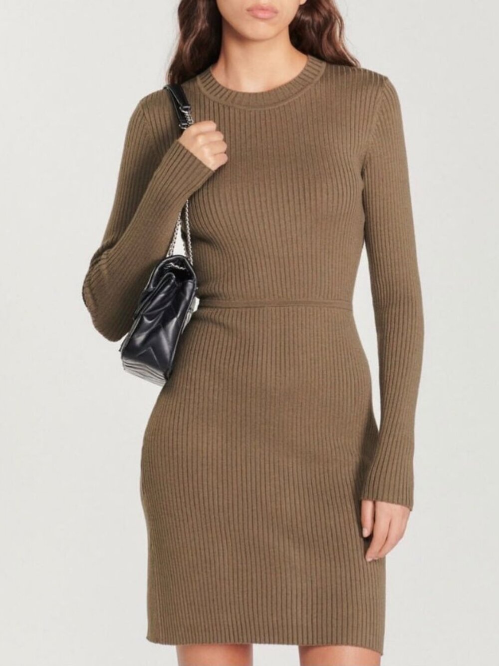 Sandro Ribbed Knit Dress with Open Back in Kaki